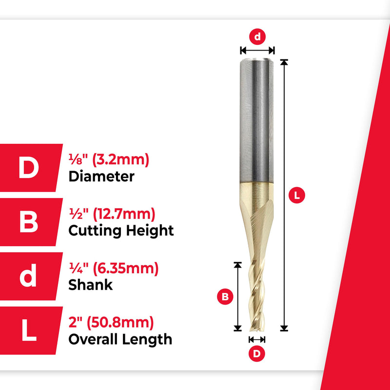 Amana Tool CNC Solid Carbide Up-Spiral Router Bit for Composite, Fiberglass, Phenolic, ZrN Coated, 46090, 1/8 Dia x 1/2 x 1/4 Shank x 2 Inch Long