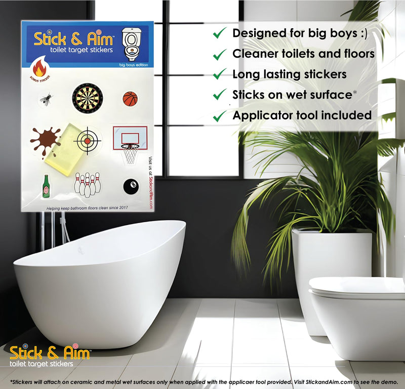 Toilet Target Stickers for Big Boys with Sticker Applicator Tool, Sticks on Wet Surface, Fun Toilet Target Aiming Stickers for Boys and Men