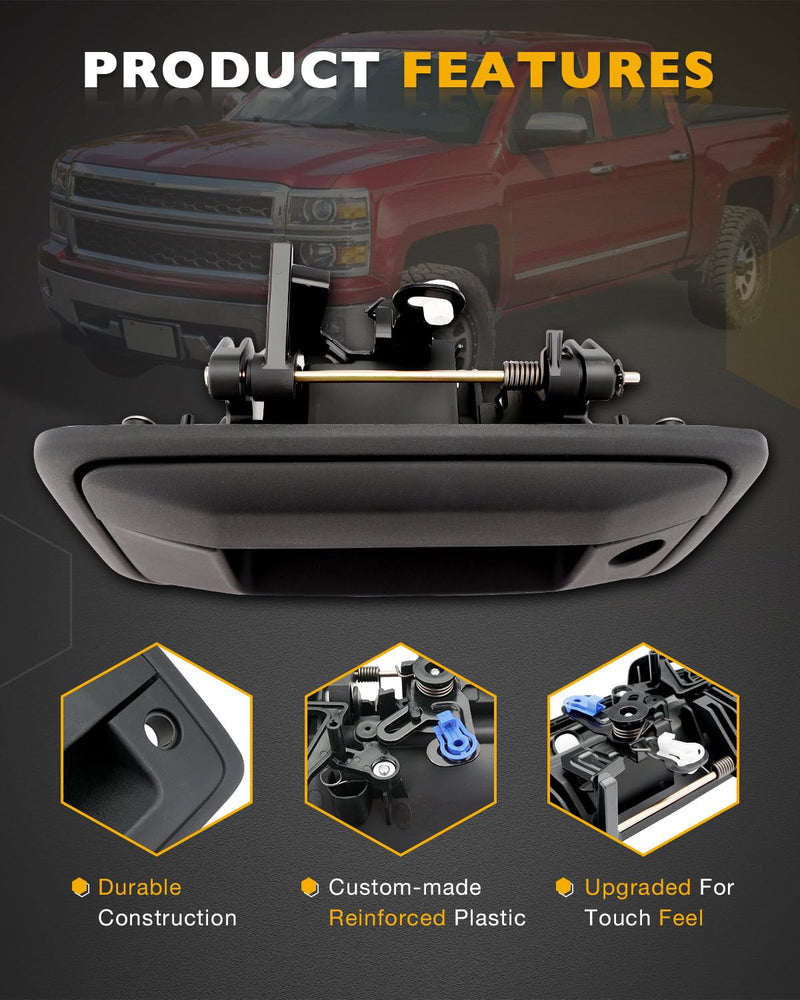 Tail Gate Handle Kit, Compatible with 2014-2015 Chevy Silverado & GMC Sierra 1500 2500 3500 HD, Exterior Rear Tailgate Liftgate Latch Lock Handle with Keyhole & Camera Hole, OE# 23448681, 23128692