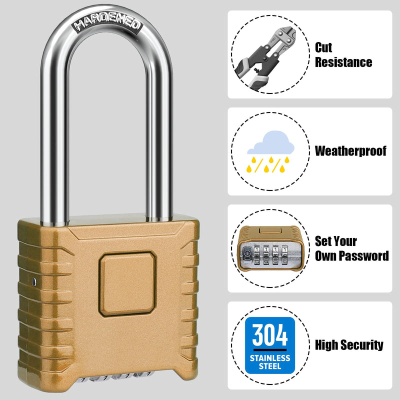 Diyife 2.3in Long Combination Padlock, Large Heavy Duty Outdoor Padlock [One-Touch Unlocking] High Security Weatherproof, Hidden Password Design Suitable for Locker, Gym, Garden, Fences, Garage Brass 2.3in Long, 1 Pack