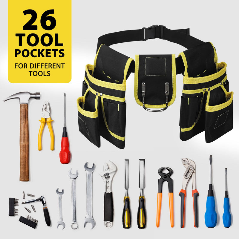 Tool Belt, Professional Tool Belts for Men, 26 Pockets Magnetic Tool Pouch, 31 to 48 Inches Adjustable Waist, Oxford Fabric, Tool Belt with Suspenders for Electrician, Carpenter (Yellow) Yellow