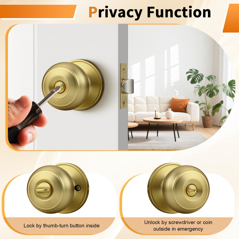 Probrico Brushed Brass Door Knobs for Bedroom Bathroom, Interior Door Knob with Round Ball, Gold Privacy Door Knob, 3 Pack