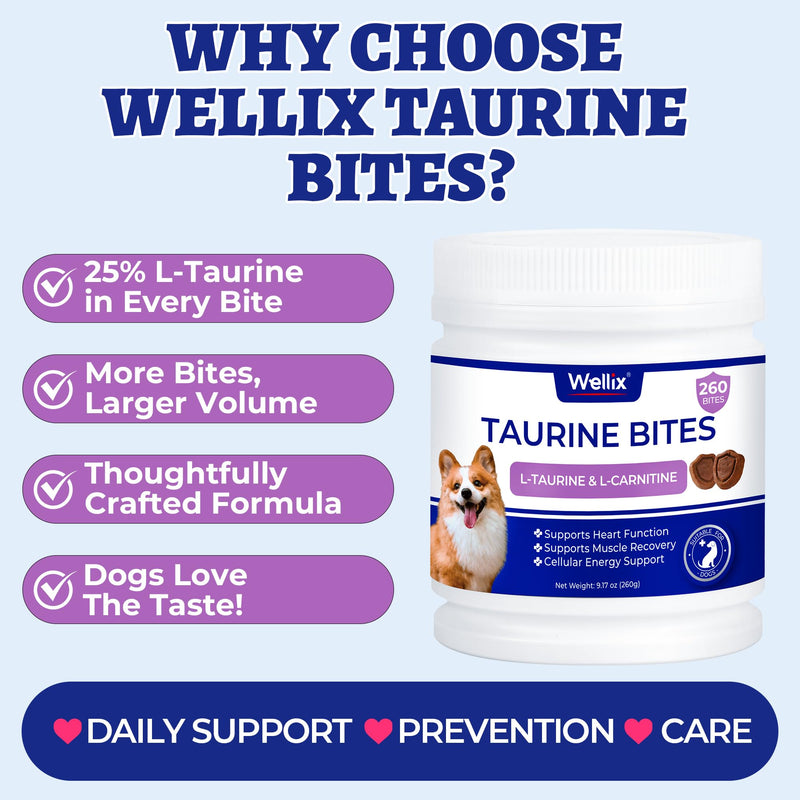 Wellix 9.17 oz, 25% Taurine for Dogs - Healthy Heart Supplements for Dog Chewable with CoQ10, Fish Oil, Vitamins, L-Carnitine - Heart Muscle Function & Cardiovascular Health, Antioxidant Support