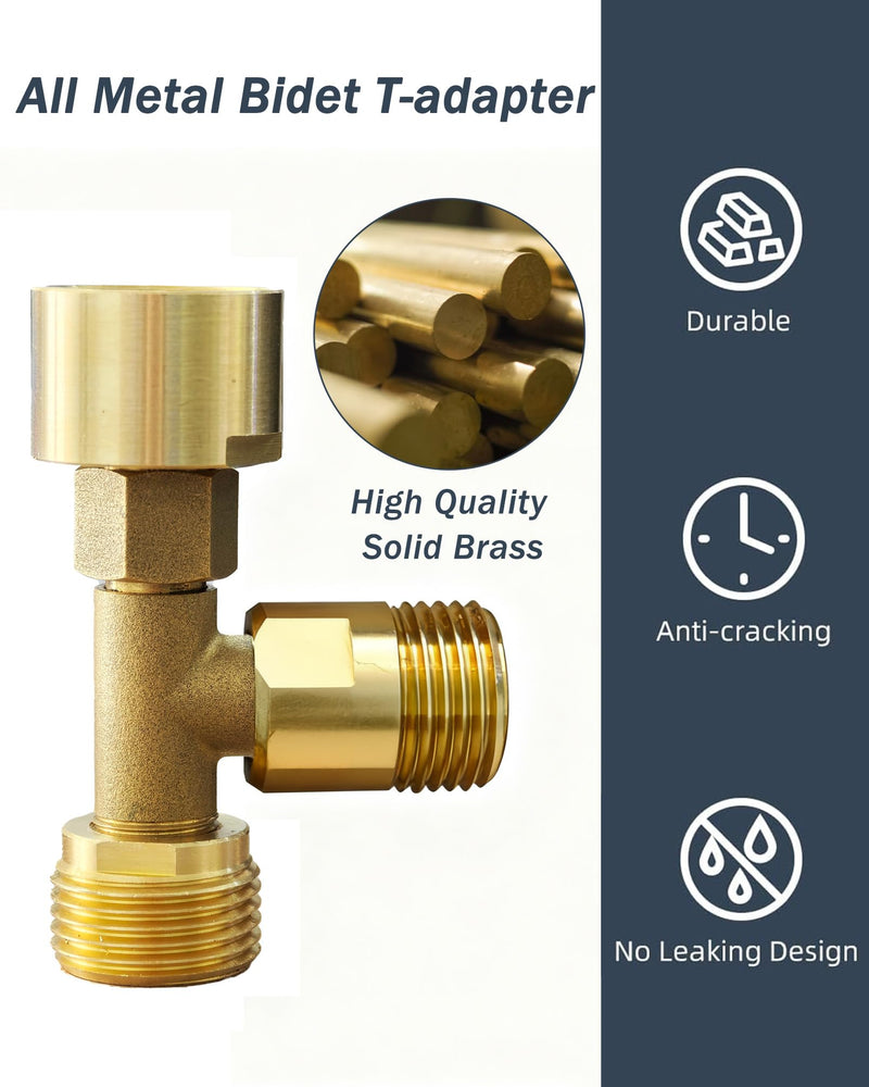 Universal Bidet T Adapter for Any Brand Bidet Hose, All-in-One Solution fit Toilet Tank Inlet or Angle Valve Outlet, 3/8"-7/8"-1/2", Brass Made