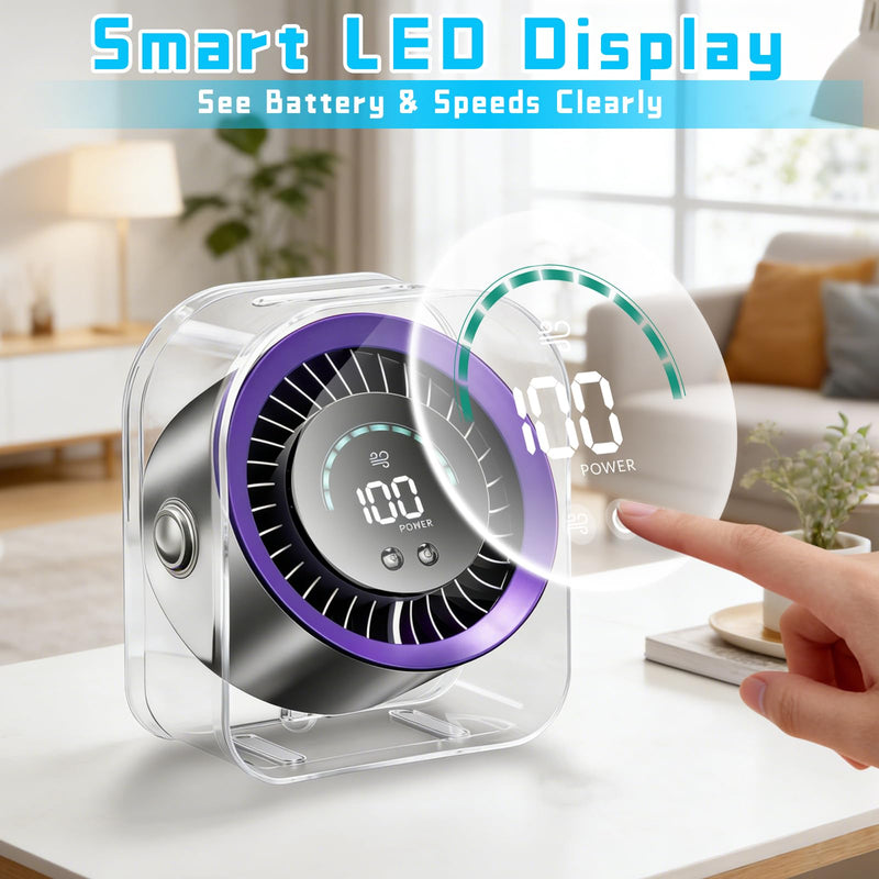 FOWSEEK Portable Small Desk Fan, 100 Speeds, 360° Adjustable, LED Display Grey