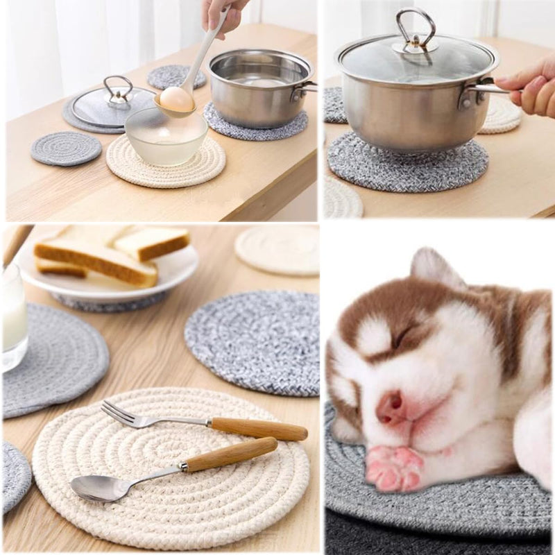 Zhiheng 5 Pack Round Coaster Potholder Cotton Braided Trivets Coffee Cup Mat Drink Tableware Hot Pots Placemats for Cooking Baking Housewarming Party Table Decorations (10inch,Beige) 10inch Beige