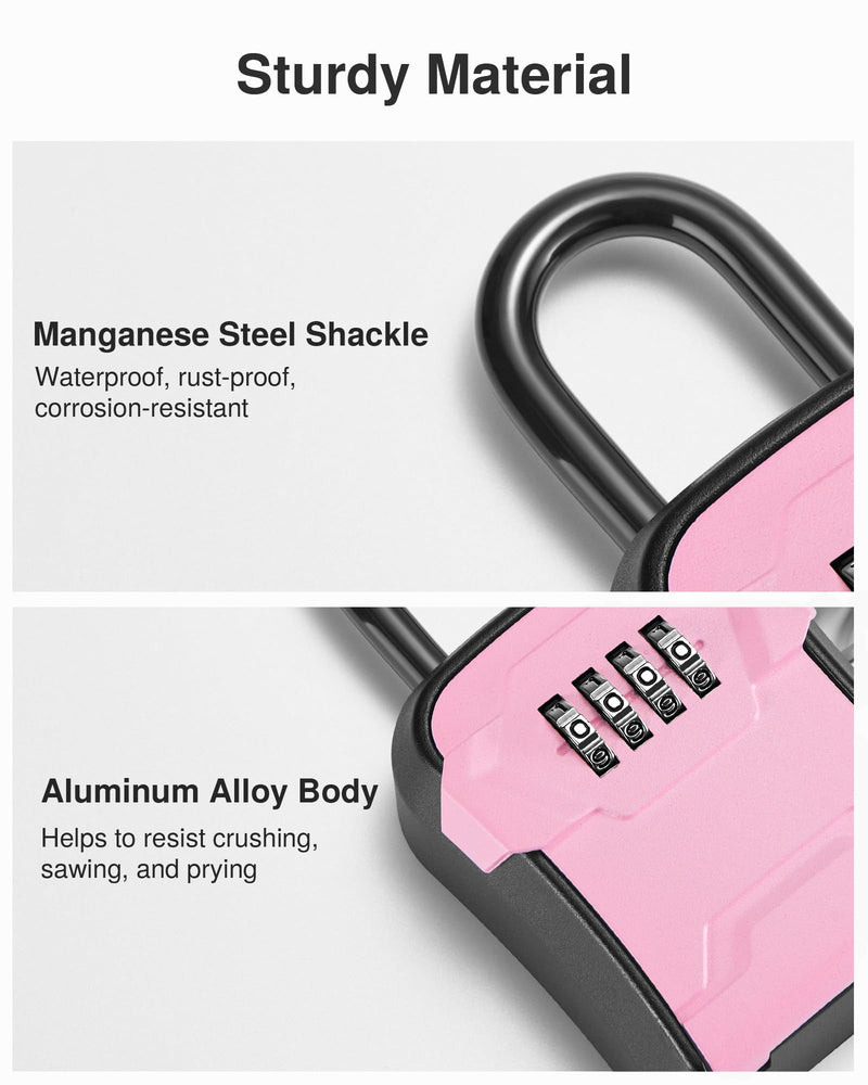 Puroma Lock Box, Key Lock Box Wall Mount & Portable Combination Lockbox with Resettable Code, Security Lockbox for Outside House Keys, Apartment Realtors Spare Keys Storage (1 Pack, Pink) 1