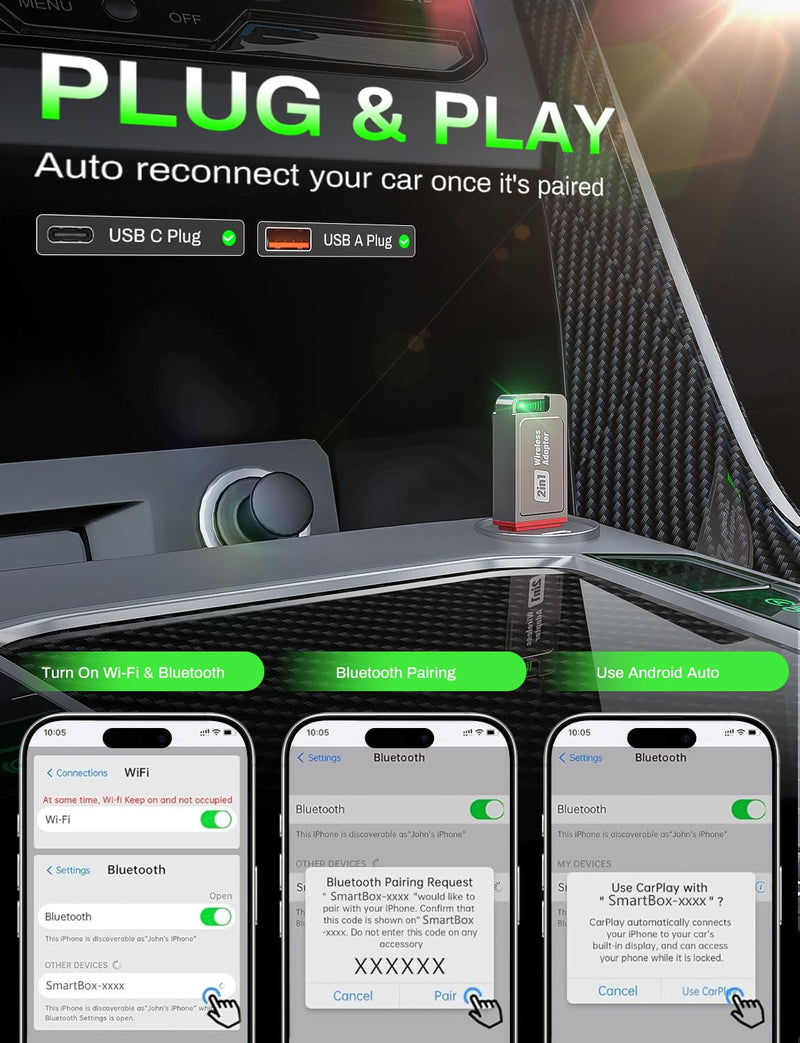 2026 Wireless CarPlay Adapter Support Apple CarPlay & Android Auto, 2-in-1 USB A & USB C Mini Bluetooth Dongle Convert Wired to Wireless Compatible with iPhone & Android Gunmetal