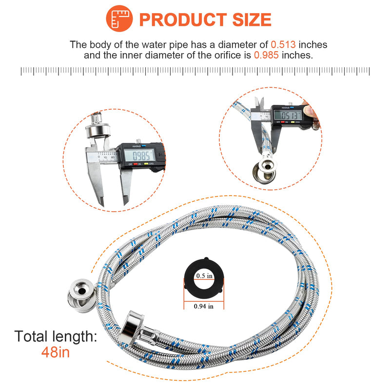 4FT Stainless Steel Washer Hoses with 90 Degree Elbows by Beaquicy - 2 Pack No-Lead Burst Proof Hot & Cold Water Connection Inlet Washer Supply Lines