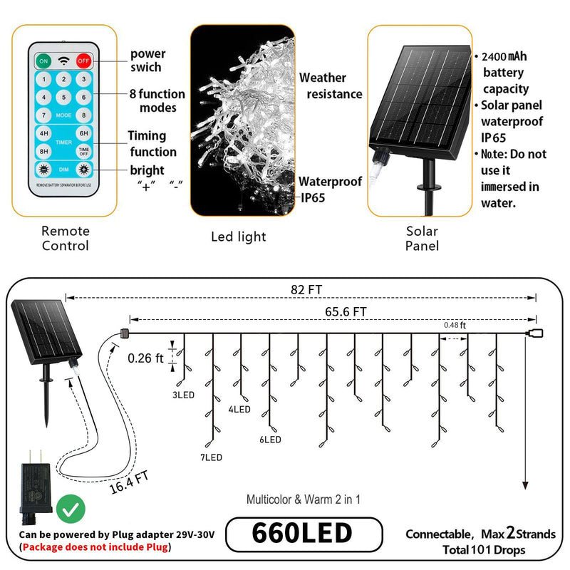 Solar Icicle Lights for Outside - 82Ft 660 LED Solar Powered Christmas Lights Outdoor Waterproof with Remote, Cool White LED Icicle String Lights for Halloween Wedding Patio Balcony Roof Decor Cool White 660LED 82Feet(66Ft+16Ft)