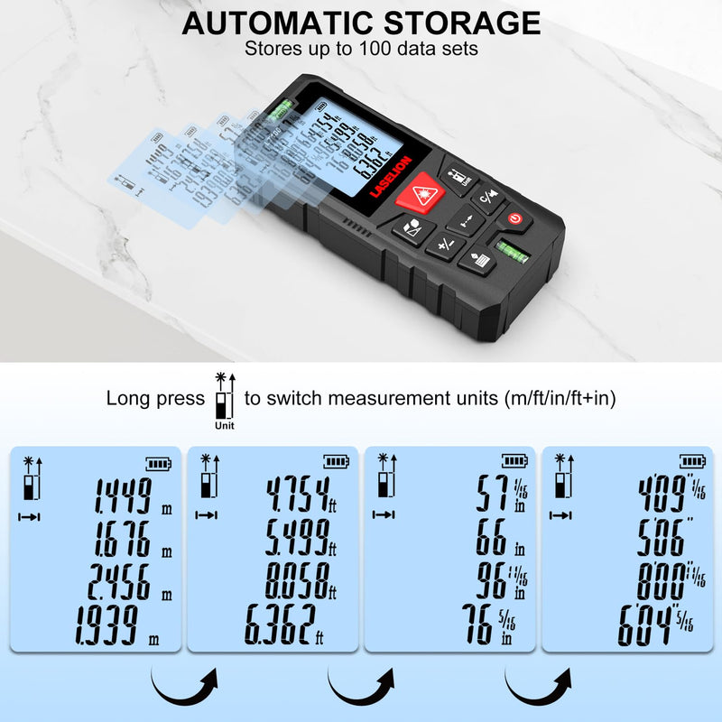 LT100 Laser Distance Meter – 100m (328t) Range, High Accuracy, Multiple Measurement Modes, Built-in Level Bubble, Handle Laser Distance Measurement Tool，Mute Function (328ft) 328ft