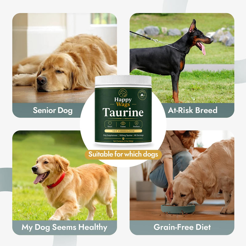 Happy Wags Taurine for Dogs - 500mg Taurine Powder Supplement for Heart, Vision, Immune & Healthy Aging Support, Tasteless Daily Dog Supplement, 100 Grams