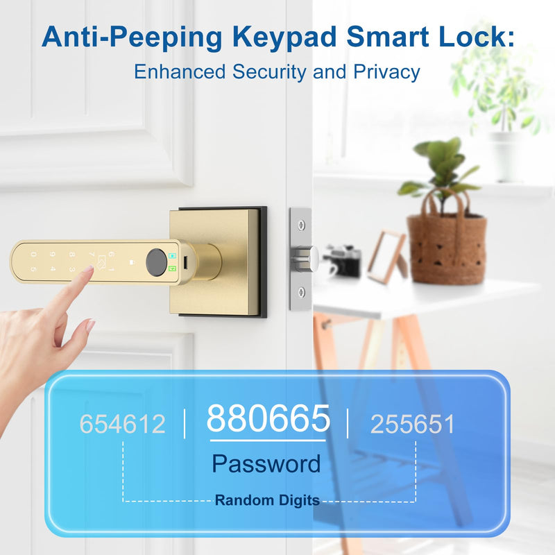 Gold Fingerprint Door Lock Smart Finger Print Door Knob Keyless Bedroom Door Lock with Keypad App Control Easy Installation for Home Bedroom Office,2 Fob Cards 2 Fob Cards Gold Fingerprint Door Knob