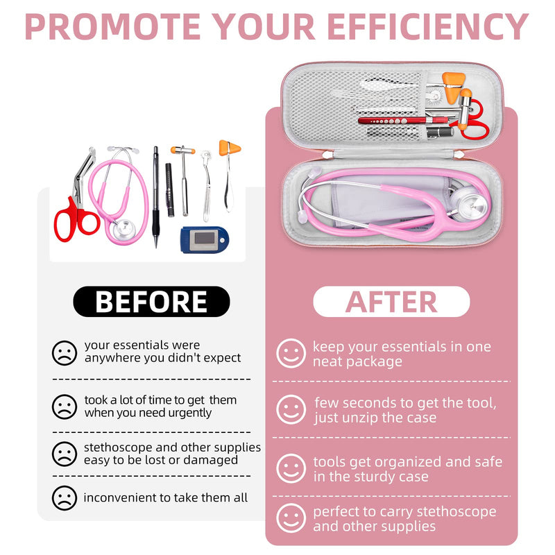 Stethoscope Case for 3M Littmann Classic III, Lightweight II S.E, Cardiology IV Diagnostic, MDF Acoustica Deluxe Stethoscopes, Extra Room for LED Penlight Scissors and Nurse Accessories, Pink