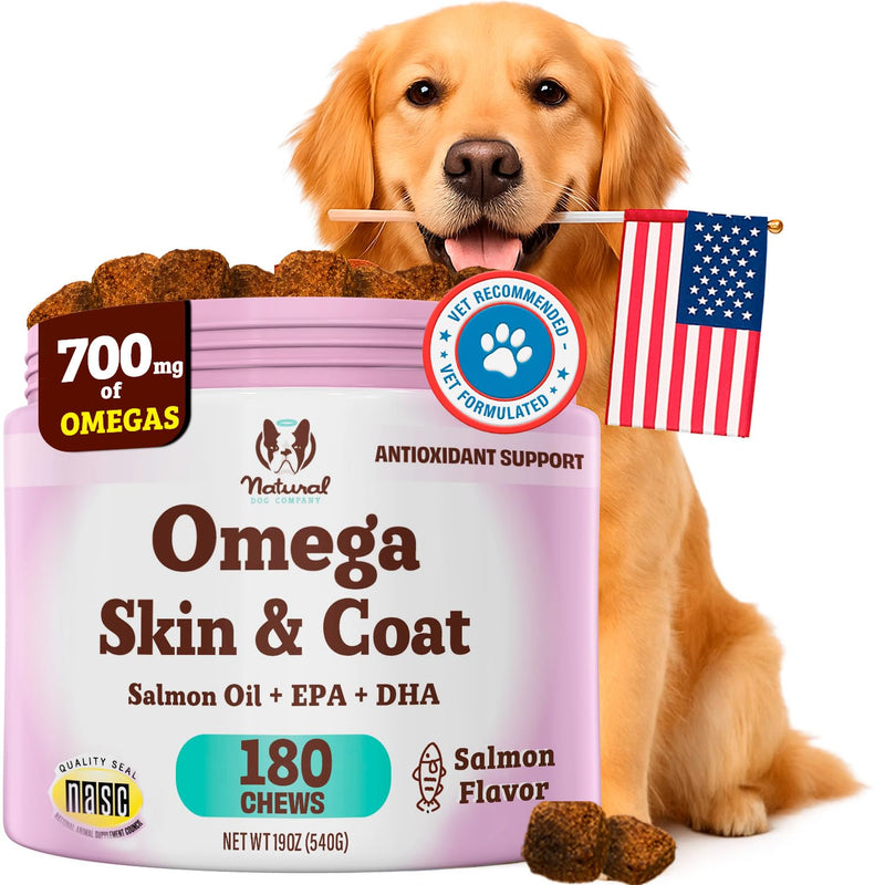 Natural Dog Company Omega Chews for Dogs Skin & Coat Support with Salmon Oil & Omega-3 Fatty Acids, Helps Itchy Skin, Dryness, Shedding, Supports Joints, Heart,Immune System & Overall Health (180 cnt) 180 Count - Chew