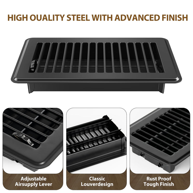 2x10 Floor Register, Floor Vent Covers 2 Pack, Steel Adjustable Air Supply Grille Register Vent Cover Grill for Sidewall and Floor, Vent Covers for Home Floor, Black 2X10 floor vent covers 2pack