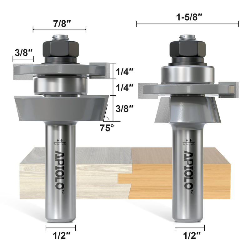 Professional 2PCS Shaker Style Rail and Stile Router Bits Set 1/2 Inch Shank, 3/8 Inch Cutting Depth, Up to 7/8 Inch Stock, Perfect Door Frame Shaper Cutters Raise Panel Making Router Bit Set Shaker - Up to 7/8" stock -1/2" Shank