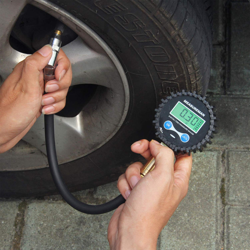 MEASUREMAN 2-1/2" Dial Size Digital Air Pressure Gauge with 1/4'' NPT Bottom Connector and Protective Boot, 0-200psi, Accuracy 1%, Battery Powered with LED Light Short thread