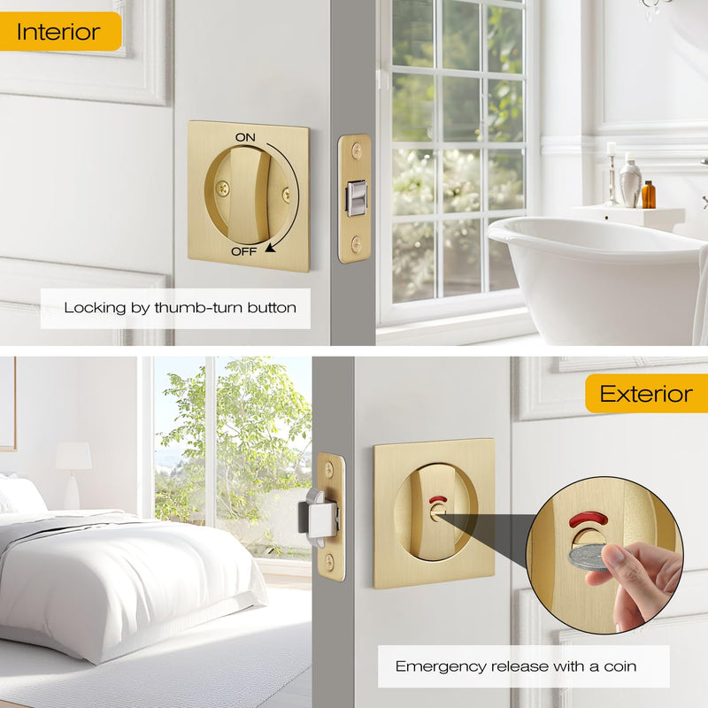EHOMEWARE 1 Pack Gold Pocket Door Hardware, Privacy Pocket Door Lock with Red-Green Indicator, Keyless Square Pocket Door Handles, Recessed Sliding/Bifold Door Hardware, Contemporary Flat Door Knob Privacy Door Lock-1 Pack Satin Brass