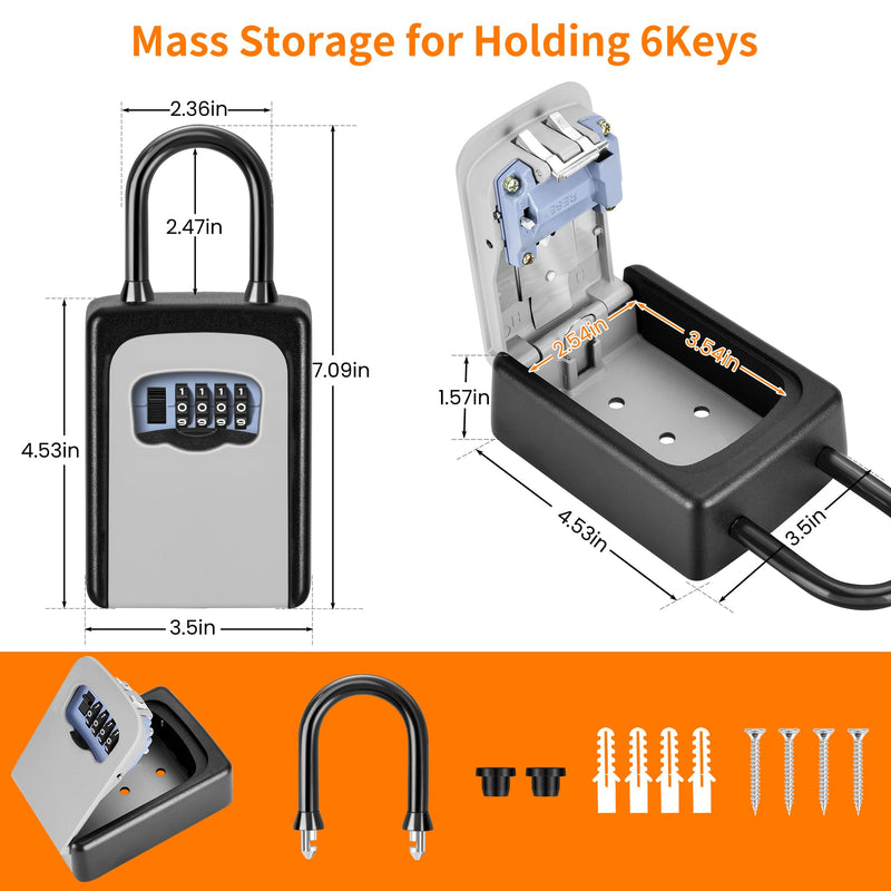 Portable Key Lock Box, Upgrade Clearly Visible Numbers, Lock Box Wall Mounted for House Key, 5 Key Capacity, Weatherproof Resettable Code (1 Pack, Gray) 1 pack