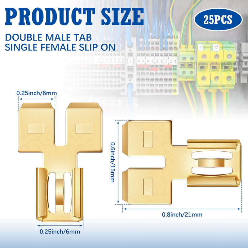 Tandefio 25 Pcs Double Piggyback Spade Connector Quick Disconnect Electrical 2 Way Wire Terminals Adapter Non Insulated Male Single Female Tab Slip Brass Automotive Double Spade Connector 1/4" Tab