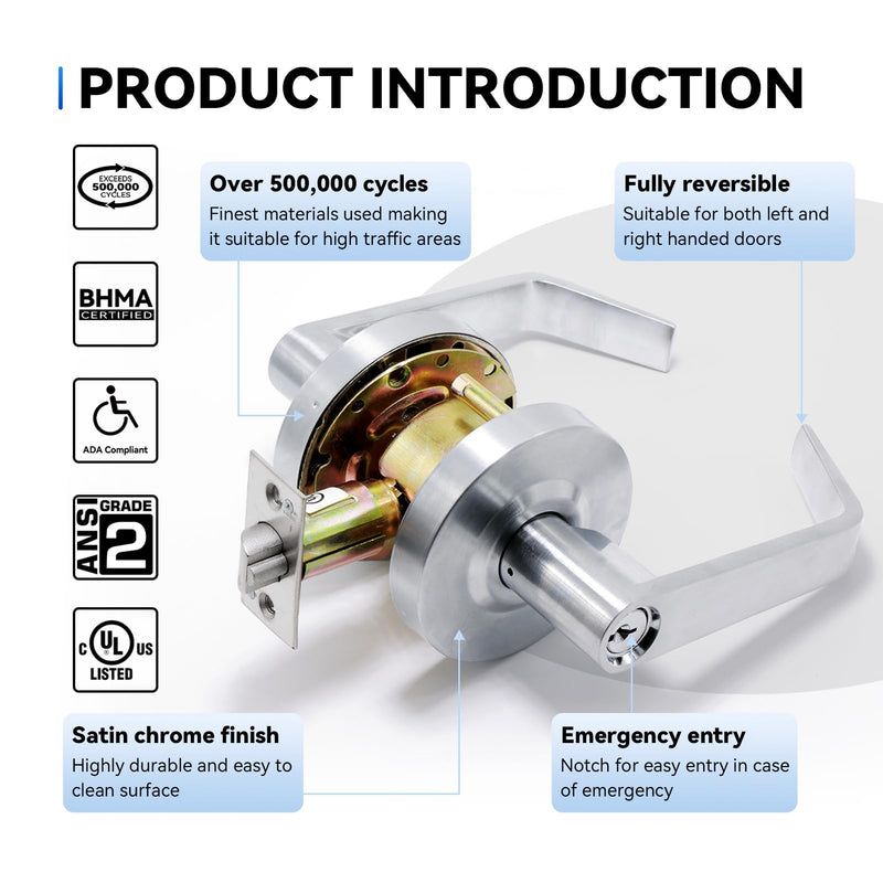BSEED Keyed Entry Commercial Door Lever Lock, Heavy Duty Grade 2 Lever Handle, ADA Compliant, UL 3 Hour Fire Rated, Non-Handed, Satin Chrome Finish, 2-3/4" Backset for Office & Exterior Doors