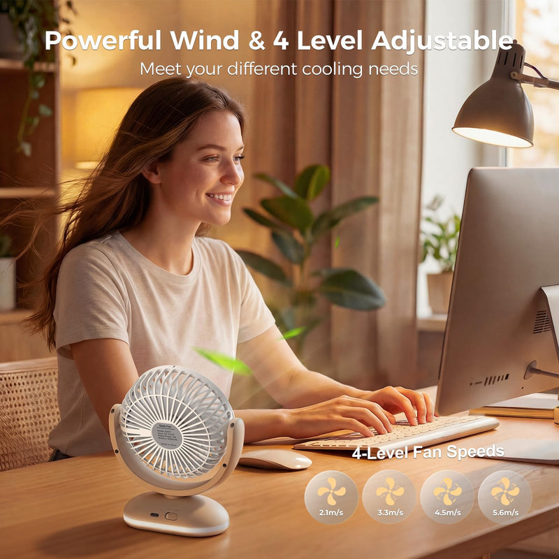 TriPole Desk Fan Small Quiet, Rechargeable Mini Portable Fan with LED Light Beige