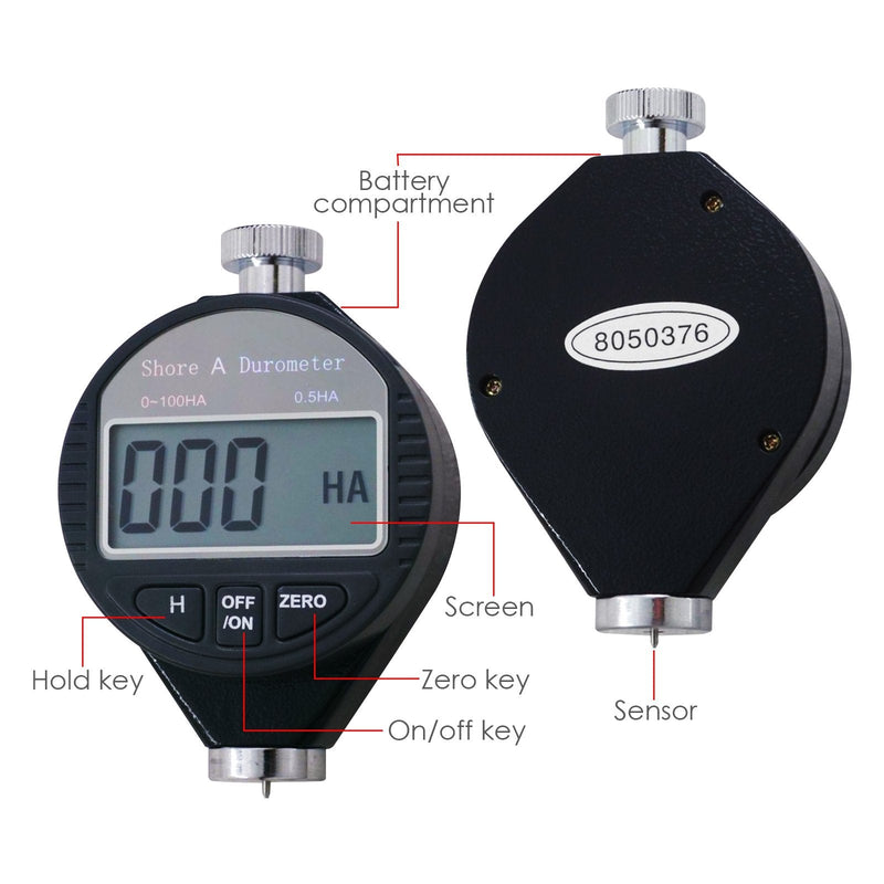 Shore A Rubber Portable Hardness Meter, Pocket Size 0-100HA Digital Hardness Durometer Meter Tester with Large LCD Display, Suitable for Rubber, Leather, Resin, Fiber, Glass, and Wax Hardness A