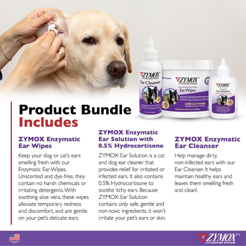Zymox Enzymatic Ear Solution for Dogs and Cats, Ear Wipes, & Ear Cleanser - Product Bundle - for Dirty, Waxy, Smelly Ears and to Soothe Ear Infections
