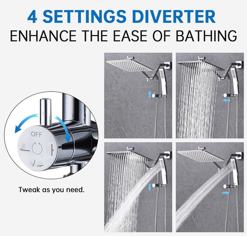 G-Promise All Metal Shower Diverter with Low Handheld Holder, 3-Way Diverter Valve with Pause Mode for Handheld and Fixed Shower Head, 4-Settings Universal Bathing System Replacement Part(Chrome) Polished Chrome