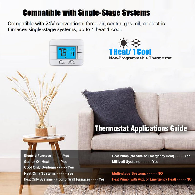 Non Programmable Thermostat for Home 1 Heat/ 1 Cool Single-Stage System, with Room Temperature & Humidity Monitor (LCD Blue Backlit Screen) - NewNest Australia