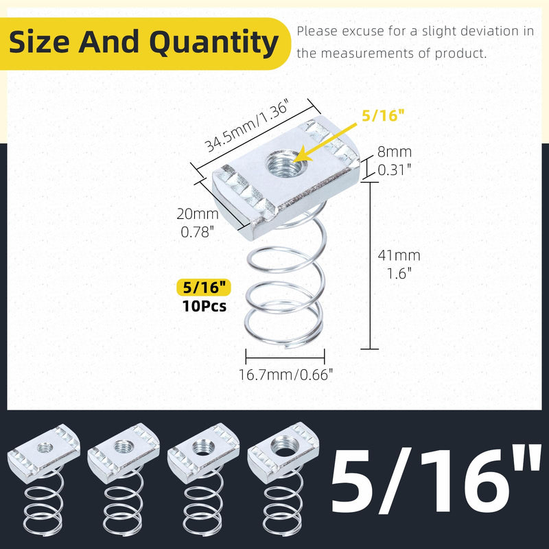 10Pcs Strut Channel Nuts 5/16"-18 with Standard Spring, Zinc Plated Spring Channel Nuts Spring Strut Nuts for Strut Channel