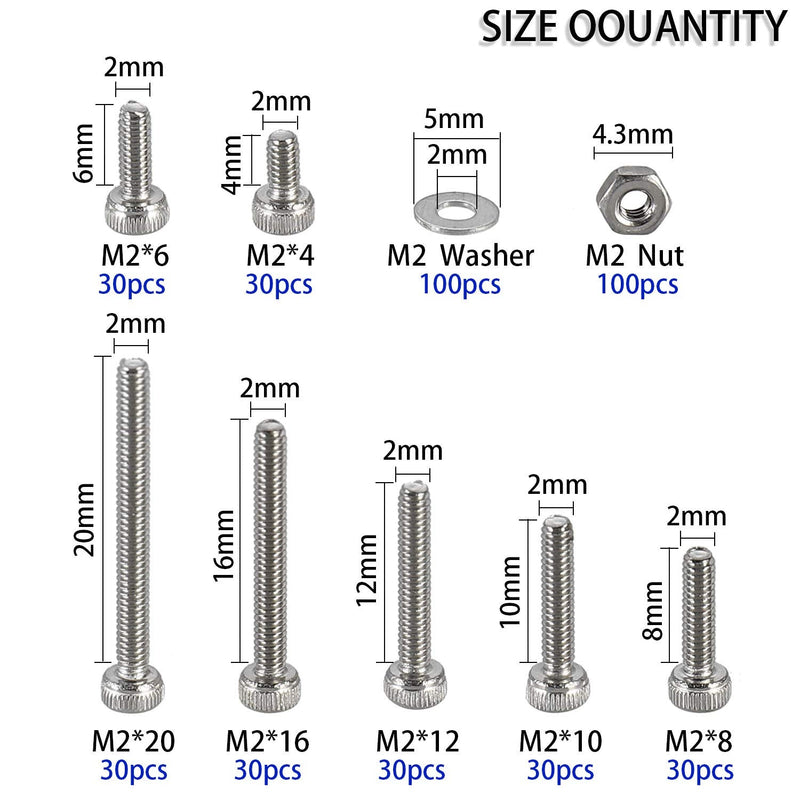 410Pcs Tiny Hex Socket Head Cap Screws Bolts, 304 Stainless Steel M2 x 4/6/8/10/12/16/20mm, Micro Allen Head Machine Screws, Nuts and Washers Kit with Hex Wrench, Fully Threaded Pitch: 0.4mm Silver-410Pcs M2 Socket Cap Head Screw-304