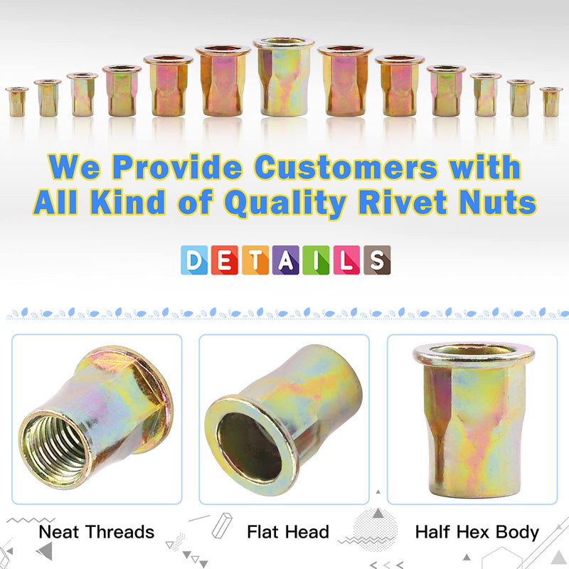 Glarks 230Pcs M3 M4 M5 M6 M8 M10 M12 Half Hex Body Flange Rivet Nuts Assortment Kit, Zinc Plated Carbon Steel Flat Head Threaded Insert Nut Rivnut Set (Rivet Nut Set) 230Pcs Rivet Nut Set