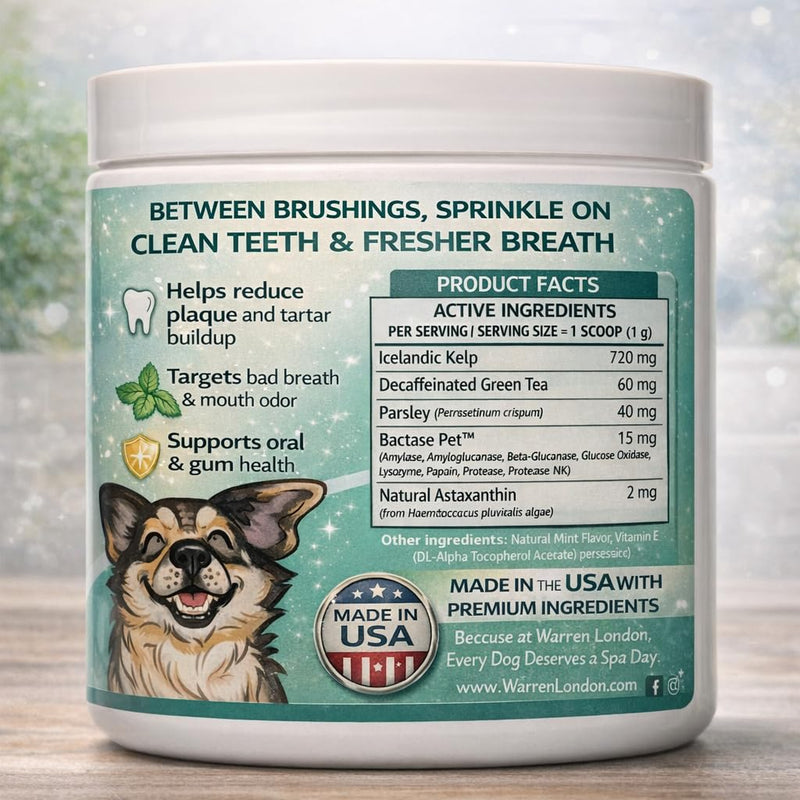 Warren London Premium Dental Powder for Dogs – Fresh Breath & Tartar Support with Kelp Astaxanthin Green Tea & Mint – Daily Oral Care Supplement for Teeth & Gums – Made in USA 60g