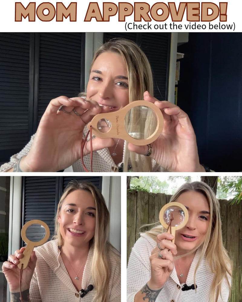Adventure Set - 2X Wood Magnifying Glass for Kids with 4 Pictures - Wooden Montessori Toy - Learn and Explore 2 Pieces