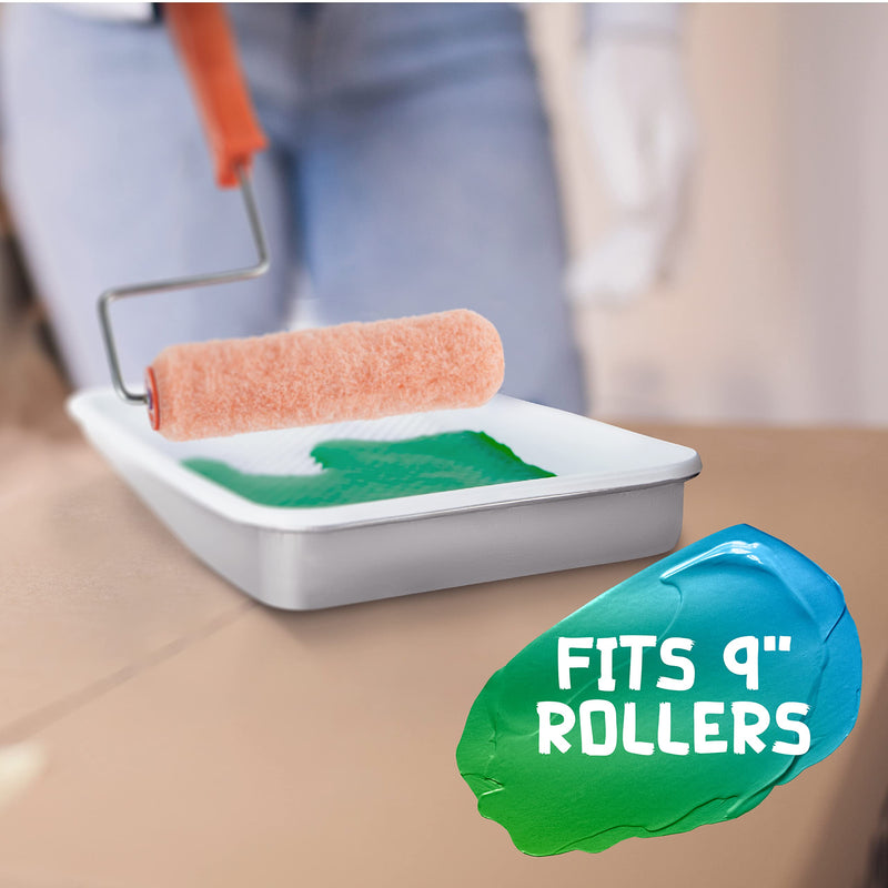 Paint Tray and Liner Set, Set Includes 9" Reusable Metal Pans Tray & 10 Pack of 9" White Plastic Paint Liners, Paint Roller Trays, Set for Household or Construction Use