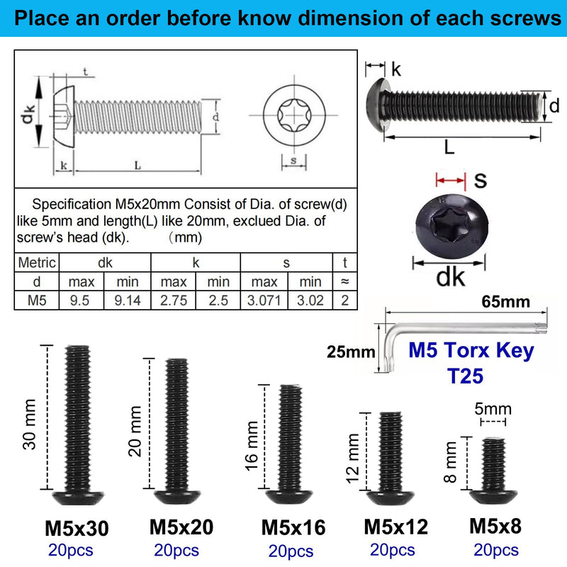 100Pcs Button Head Torx Drive Screws Bolts, Grade 10.9 Alloy Steel, M5 x 8/12/16/20/30 mm Star Drive Machine Screws Set with T25 Wrench, Black Oxide Finish, Fully Threaded Pitch : 0.8 mm Black-M5 Button Head Trox Screws