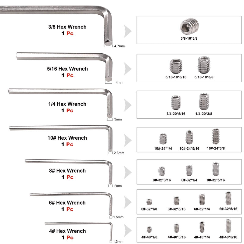 Hilitchi 240Pcs 19Sizes SAE Stainless Hex Allen Head Socket Set Screws Grub Screw Bolts Assortment Kit Internal Hex Drive Cup-Point Screws with 7 Hex Wrenches Silver - SAE - 240pcs