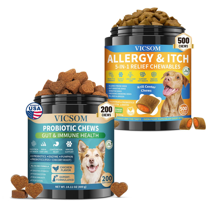 Dog Allergy Relief Chews + Dog Probiotics Chews – Itch & Digestive Support Bundle, 700 Chews Total, Natural Skin & Coat Support with Colostrum, Quercetin & Probiotics for Gut Health, Daily Care for Al