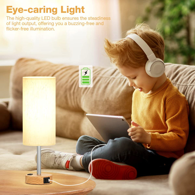 Bedside Table Lamp for Bedroom - 3 Way Dimmable Touch Lamp USB C Charging Ports and AC Outlet, Small Lamp Wood Base Round Flaxen Fabric Shade for Living Room, Desk, LED Bulb Included Cream Shade-Wood Base 14" Touch Control