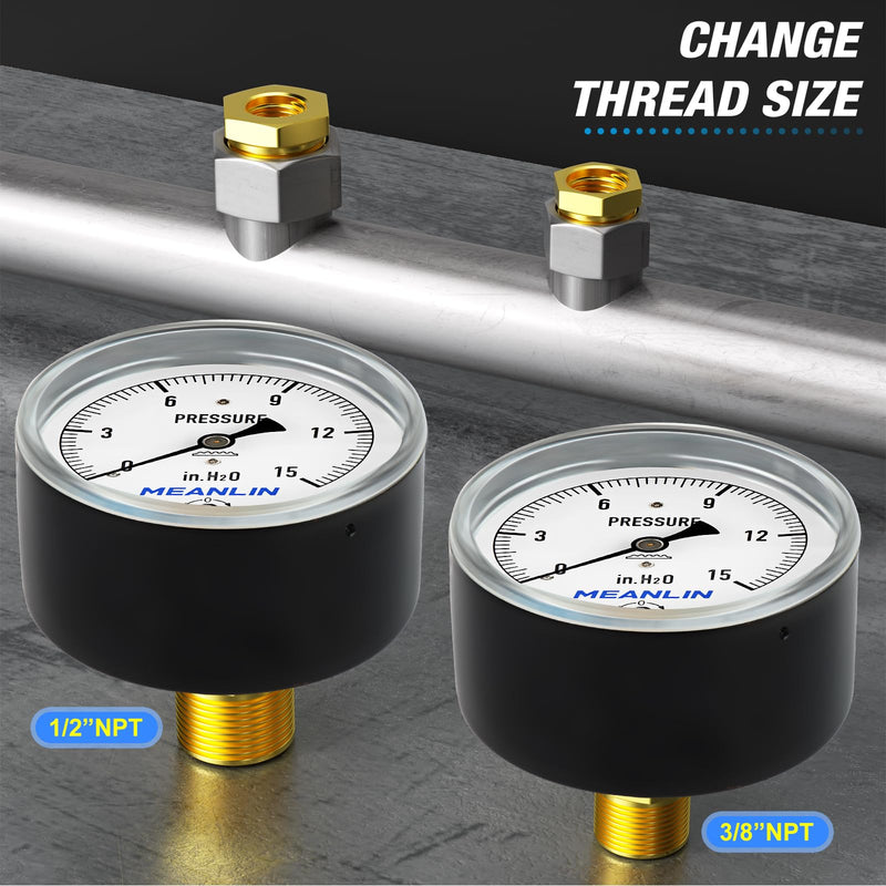 MEANLIN MEASURE 0-15 in H2O Diaphragm Type Capsule Low Pressure Gauge 1/4" NPT 2-1/3" FACE DIAL Adjustable Water Column Gauge, with 1/2" NPT and 3/8" NPT Hex Bushing, Back Mount 0~15 in H2O Center Back Mount