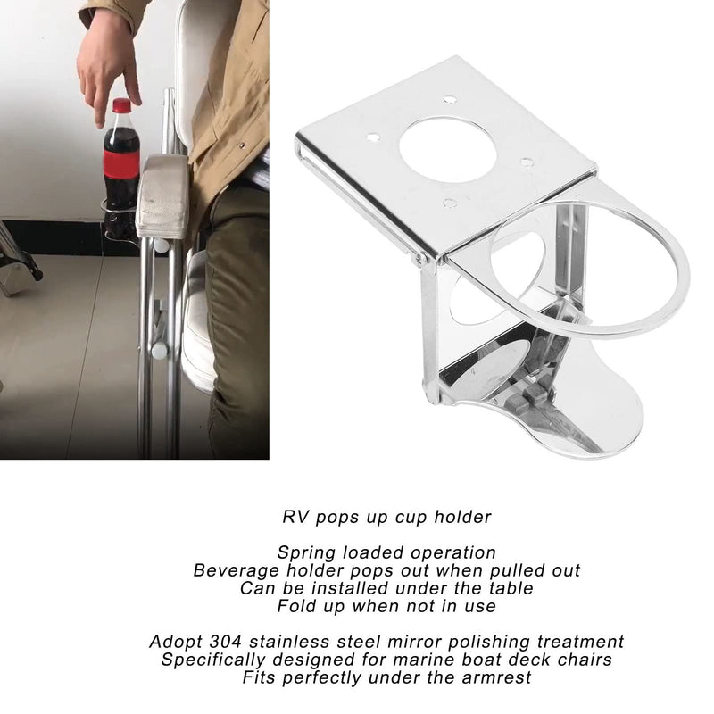 Folding Drink Holder, 304 Stainless Steel Fold Up Adjustable Drink Cup Holders Bottle Stand Bottom Mount Sliding Up Drink Holder with Screws for RV Yacht Car Office Marine Boat Deck Chairs