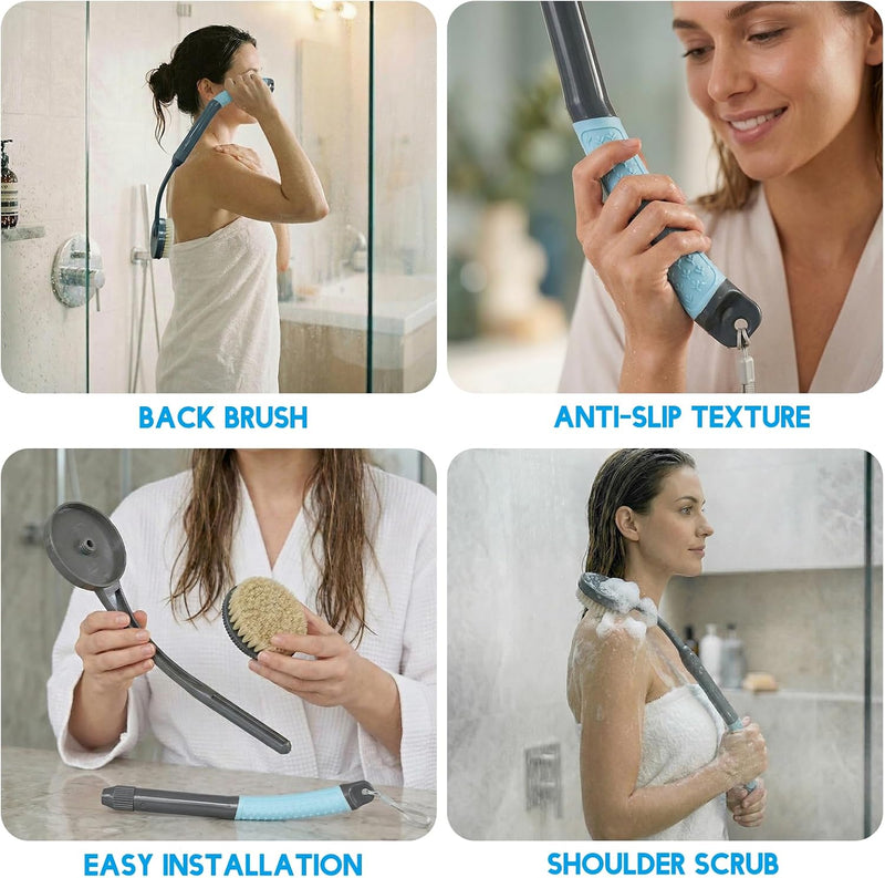 Back Brush Shower, 50.1 Cm Bath Brush With Long Handle, Curved Handle Back Brush For Showering Elderly And Disabled People, Limited Mobility, Optimal Back Care (Blue)