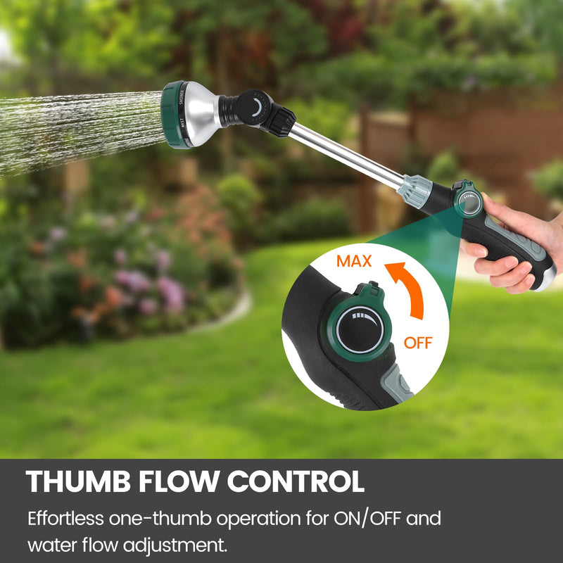 Watering Wand for Garden Hose, 17.5 Inch, 8 Spray Patterns, Garden Hose Nozzle with Thumb Flow Control, Adjustable Water Sprayer with Pivoting Head, Ideal for Hanging Baskets and Shrubs Green