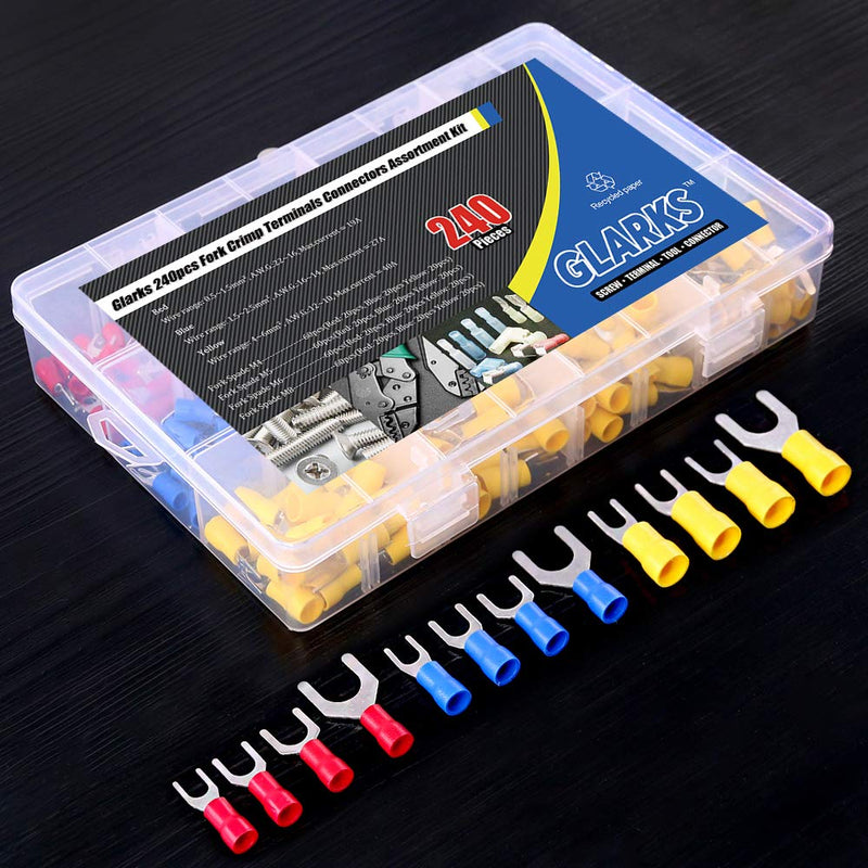 Glarks 240pcs 22-16/16-14/12-10 Gauge Fork Spade Quick Splice Crimp Terminals Connectors Assortment Kit