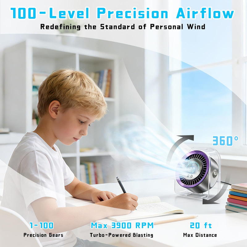 FOWSEEK Portable Small Desk Fan, 100 Speeds, 360° Adjustable, LED Display Grey