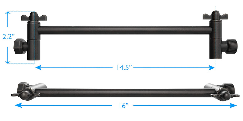 16-Inch Extra Long Shower Extension Arm. Solid Brass. Height/Angle Adjustable With a Unique Locking Gear for a Perfect Position Every time. Holds All Showerhead Sizes!! 16 Inch Oil Rubbed Bronze