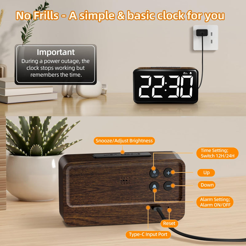 NOKLEAD Digital Alarm Clock: Wood Grain, 5.9-inch Large LED Display, Easy to Use for Seniors and Men, Adjustable Brightness, Aesthetic Room Decor Desk Clocks for Bedroom | Dorm | Living Room | Office Brown Wood Grain