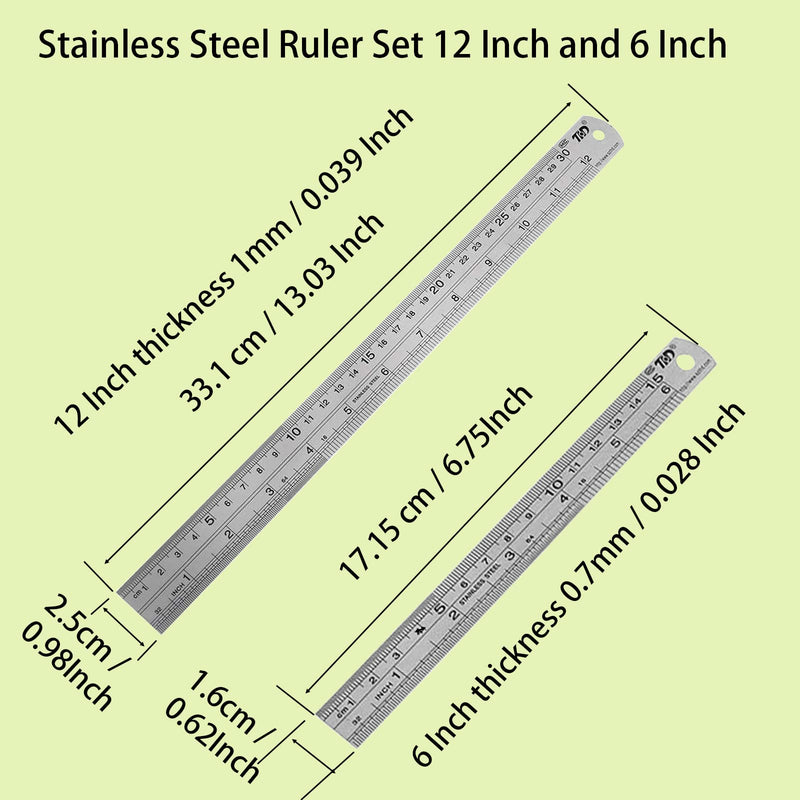 YouOKLight Metal Ruler Set,6 inch Ruler and 12 inch Ruler. Ruler Inches and Centimeters,Metric Ruler 12 Inches,Metal Ruler 12 inch,Drawing Ruler,Flexible Ruler,Precision Measuring Metal Ruler Silver.